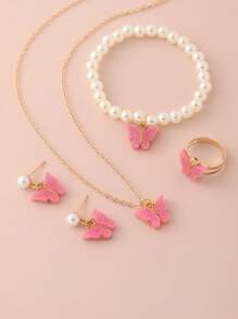 5pcs/Set Girls' Plastic Butterfly Necklace, Pearl Beaded Bracelet, Earrings, Ring Set, Decoration For Daily And Vacation