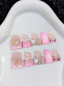10pcs Duckbill Sweet Girly Ice Pink Blush Leopard Print French Handmade Acrylic Press On Nails, Floral Rhinestones Decorated Long Duckbill Fake Nails With Jelly Glue And Nail File, DIY Nail Art Supplies Valentine'S Day School Music Festival Travel