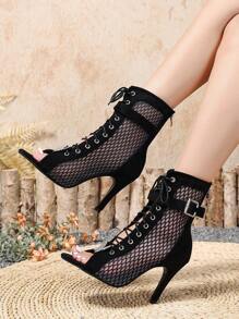 Women's High Heel Fish Mouth Lace-Up Boots, Mesh Breathable Dance Shoes With Bowknot & Rhinestone Decor, Back Zipper Design, Comfortable Hollow-Out Roman Style Pure Black Leather Belt Buckle, Polyester Bowknot Closure, Suitable For Weddings, Parties, Fitness, Outdoor Activities Throughout The Seasons