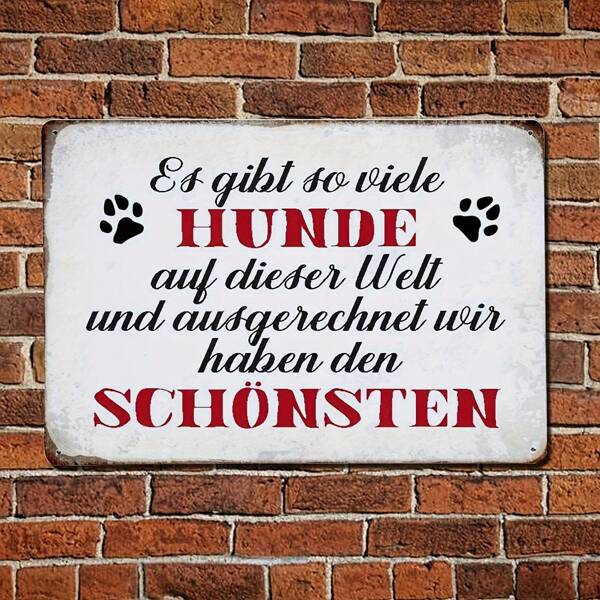 1pc Vintage-Style Dog Lover Metal Sign With German Quote "Es Gibt Viele Hunde" - Rustic Wall Decor For Home, Garage, Cafe, 8x12 Inches, Indoor/Outdoor Use, Metal Wall Decor