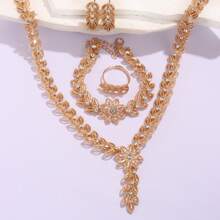 Set de joyería de 4 piezas de espiga de trigo con cristales para mujer, estilo clásico de verano, compuesto por 1 collar + 1 pulsera + 1 anillo abierto + 1 pendientes, hecho de aleación de zinc con cristales, con un estilo lujoso y elegante, sexy y encantador, apto para uso diario, vacaciones, fiestas, Navidad, Acción de Gracias, bodas, cumpleaños, regalos de aniversario
