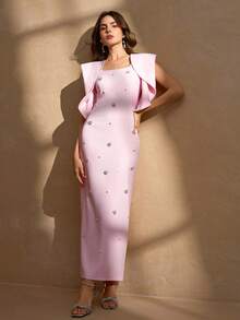 Đầm dạ hội dài vừa vặn cổ vuông màu trơn thanh lịch đính hạt cho nữ có bo tay bất đối xứng, Đầm dự tiệc, Váy dạ hội, Cho buổi tối, Khách dự tiệc cưới - Màu Hồng baby - Xem 3