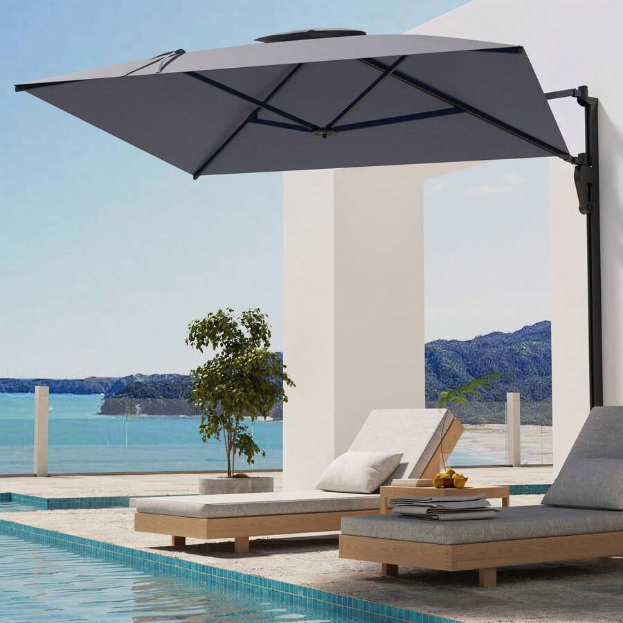 AECOJOY YODOLLA 9ft Wall Mounted Outdoor Patio Umbrella, Rectangular Awning Large Offset Cantilever Umbrellas With 180° Rotation Sun Canopy For Deck Pool Garden Backyard, Save Space - Xám - Xem 1