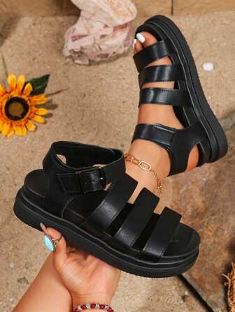 简约设计女式厚底凉鞋，皮革搭扣，大码休闲凉鞋，沙滩鞋，学生凉鞋，平底系带凉鞋，防水露趾凉鞋，复古优雅罗马凉鞋，适合宽脚，百搭夏季休闲鞋，英伦风格皮革凉鞋，雨鞋，工作鞋，舒适休闲鞋，时尚凉鞋，运动凉鞋，休闲凉鞋，工装凉鞋，时尚户外凉鞋