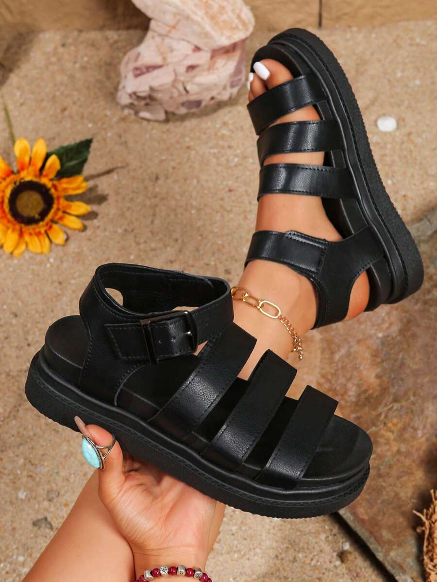 Simple Design Women Thick Sole Sandals, Leather Buckle Closure, Plus Size Casual Sandals, Beach Shoes, Student Sandals, Flat Strappy Sandals, Waterproof Peep Toe Sandals, Retro Elegant Roman Sandals, Suitable For Wide Feet, Versatile Summer Casual Shoes, English Style Leather Sandals, Rain Shoes, Work Shoes, Comfortable Casual Shoes, Style Sandals, Sports Sandals, Casual Sandals, Cargo Sandals, Fashionable Outdoor Sandals