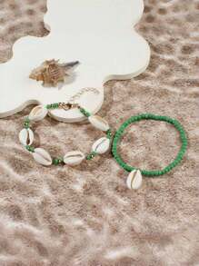 7 pièces/Set Bracelet style bohème avec coquillage et perle avec pendentif étoile de mer, Set de bracelets pour femmes (couleur de perle aléatoire)