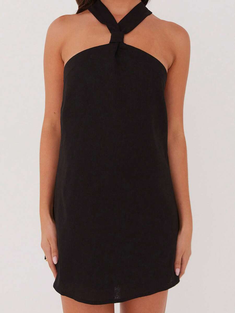 Women Twist Knot Mini Dress Halter Neck Cross Tie Back Club Party Short Dress Summer Sleeveless Casual Vacation Sundress - màu đen - Xem 1
