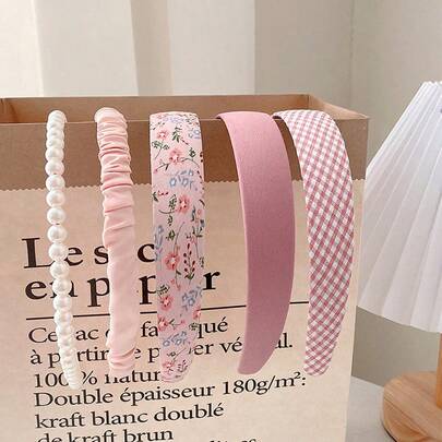 Set de 5 diademas con cuentas de imitación de perlas de colores caramelo para mujeres, accesorios versátiles para el cabello de primavera/verano, elegantes, retro, lindos, apropiados para salir, viajar, vacaciones, playa, citas, regalos, amigos, estudiantes, influencers, modelos