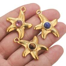 4 pièces Pendentif en acier inoxydable 304 doré, étoile de mer et pierre naturelle, DIY bijouterie, convient pour que les femmes le portent lors de vacances d'été à la plage