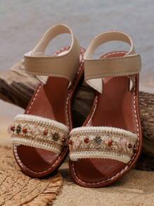 1 Pair Baby/Toddler Girls Beige Flat Sandals, Solid Color PU Strap Strap Hook And Loop Design Open Toe Roman Style Comfortable And Fashion Suitable For 3-12 Years Old Girls Daily, Vacation, Spring/Summer 2025