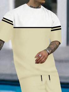 Camiseta e shorts de manga curta com estampa digital em bloco de cores para o verão masculino - Caqui - Ver 3