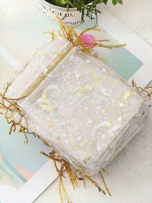 10/20pcs 9*12cm Hot Stamped White Moon And Star Pattern Organza Drawstring Gift Bags, Suitable For Jewelry Storage, Candy, Chocolate Packaging, Birthday, Party Gift Packaging, Home Furnishings - Multicolor - View 2