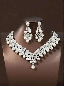 4 件优雅女士婚礼首饰套装：1 条珍珠水晶皇冠项链和 1 对耳环，时尚新娘派对配饰 - 銀色 - 查看 3