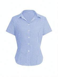 Sunny Girly Y2K Back To School Season Cotton Fitted Collared Short Sleeve Shirt, Button Closure, Blue Plaid Academic Style Top - Baby Blue - View 3