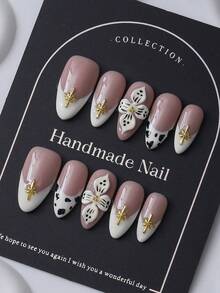 10 件套欧美风格杏仁形指甲，手绘豹纹，3D 浮雕六角星耳钉，Y2K 和 Ins 别致设计，优雅适合女性和女孩按压式指甲美甲用品