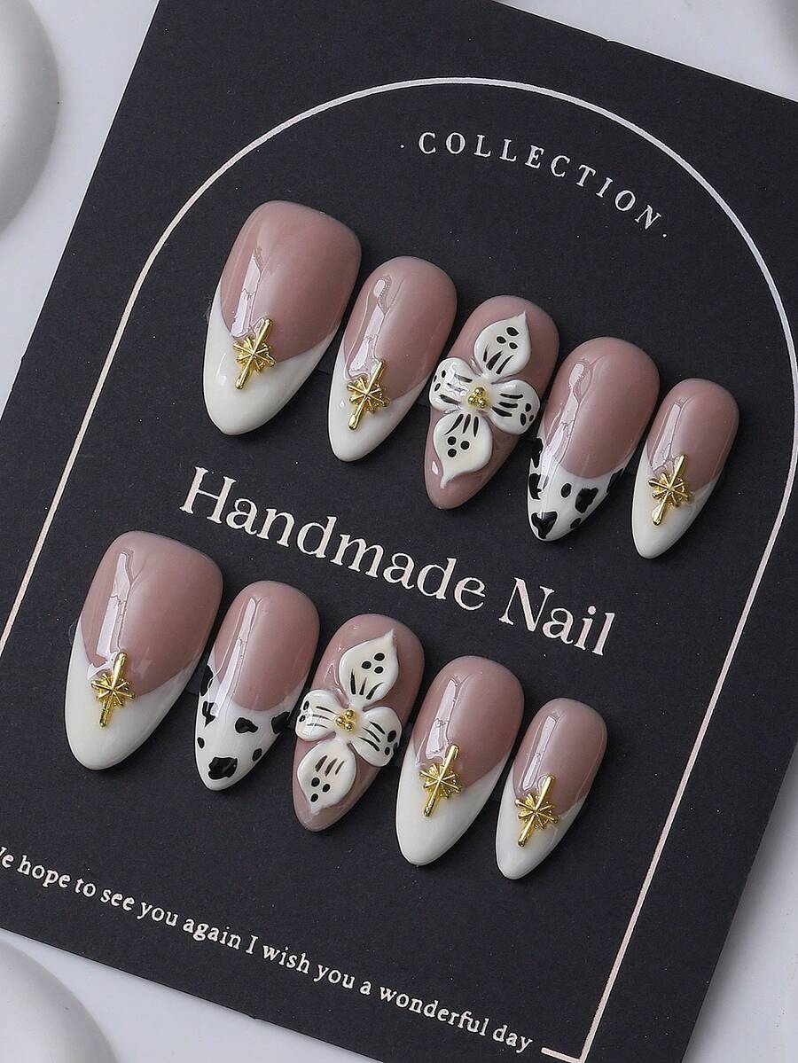 10 件套欧美风格杏仁形指甲，手绘豹纹，3D 浮雕六角星耳钉，Y2K 和 Ins 别致设计，优雅适合女性和女孩按压式指甲美甲用品