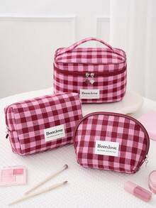 1 pieza/Set Bolsa de cosméticos a cuadros retro Y2K, bolsa de maquillaje a cuadros rosa y blanca linda para damas, bolsa de cosméticos con cremallera de gran capacidad, bolsa de viaje a cuadros casual para almacenamiento, bolsa de cosméticos esencial para viajes y vacaciones, puede almacenar toallas sanitarias y tampones, adecuada para el nuevo período escolar, primavera/verano, aniversario, vacaciones, uso diario, festivales, un regalo ideal para mujeres, también una excelente opción de regalo de Navidad - Rosa Fucsia - Ver 11