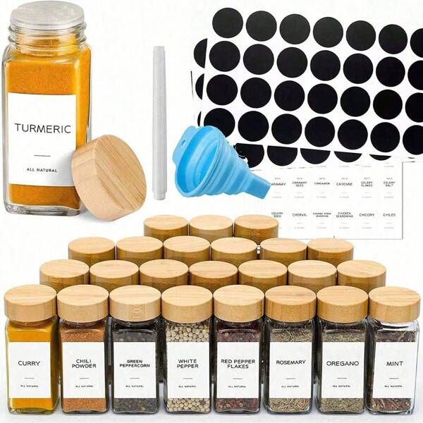 12/24/36pcs Spice Bottles With Bamboo Lids, Glass Spice Bottles With Labels, Condiment Containers Storage Boxes, Empty Glass Spice Bottles With Labels, Condiment Storage Boxes, Spice Containers With Labels (The Color And Style Of The Accessories Are Random)