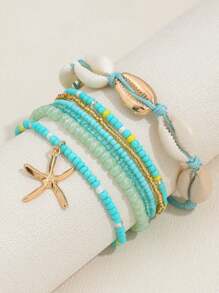 7 pièces/Set Bracelet style bohème avec coquillage et perle avec pendentif étoile de mer, Set de bracelets pour femmes (couleur de perle aléatoire)