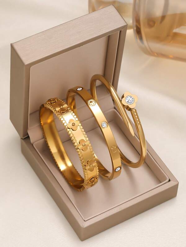 Conjunto de Pulseira e Bracelete de Aço Inoxidável com Zircônia em Formato de Trevo de 4 Folhas para Mulheres, Acessório de Luxo da Moda para Uso Diário, Festa, Encontro a Dois, Presente (Sem Caixa de Presente Incluída)