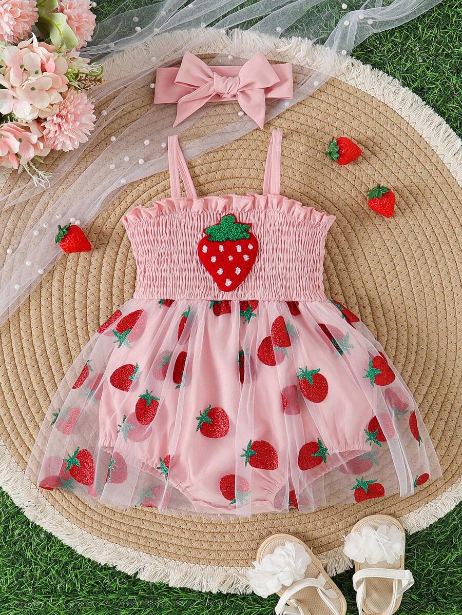 Baby Girls Cute Summer Outfit Set: Strawberry Print Strap With Mesh Strawberry Decor Bodysuit & Headband, Plus Outdoor Sport Wear - Pink - View 1
