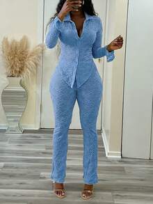 Distinctive Jacquard Knit Long Sleeve & Pants Fitted Set - Blue - View 1