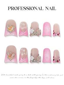 10pcs Duckbill Sweet Girly Ice Pink Blush Leopard Print French Handmade Acrylic Press On Nails, Floral Rhinestones Decorated Long Duckbill Fake Nails With Jelly Glue And Nail File, DIY Nail Art Supplies Valentine'S Day School Music Festival Travel