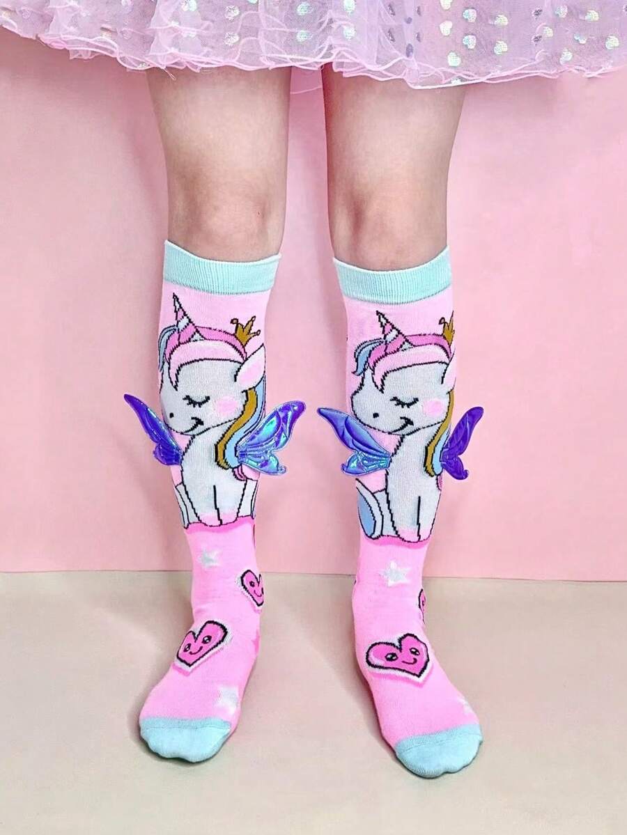 1 Pair Of Colorful Angel Unicorn Kids Socks, Unicorn Knee Socks With Wing Decor, Suitable For Girls' Daily Outfits And Gifts