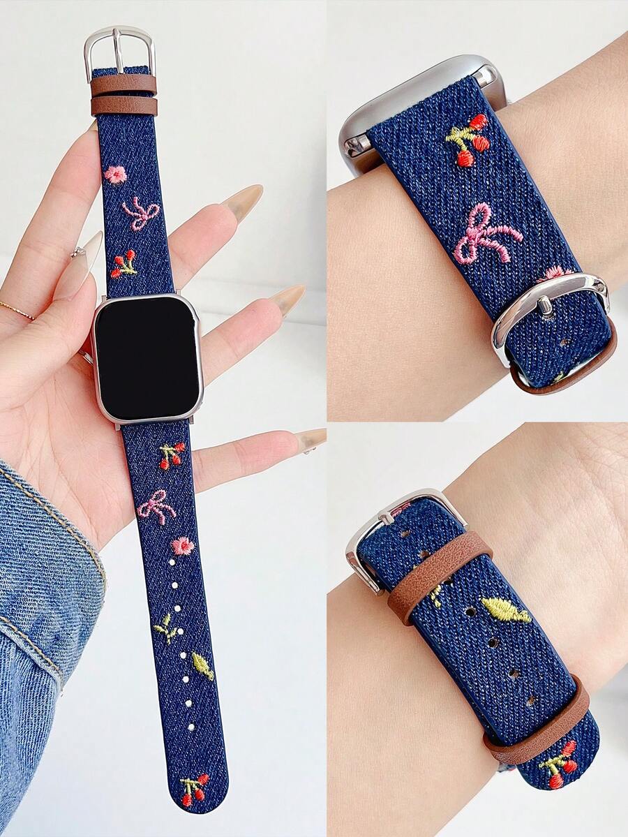 1pc Women's Embroidered Bows, Flowers, Cherry Washing Denim Leather Watch Strap Compatible With Apple Watch Band 38mm 40mm 41mm 42mm 44mm 45mm 49mm S10 42mm S10 46mm, Stylish, Cute,,Comfortable Replaceable Band Compatible With Iwatch Series 11 Ultra 3 SE3 Ultra 2 S10 SE2 9 8 7 SE 6 5 4 3 2 1 - Royal Blue - View 1