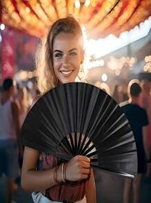 Large Clap Fans For Line Dancing Folding Hand Rave Fan Nylon Cloth Foldable For Line Dancing Festival Craft Dance Decoration For Party Favors(Simple Pattern,Black) Summer Cooling,Beach,Travel