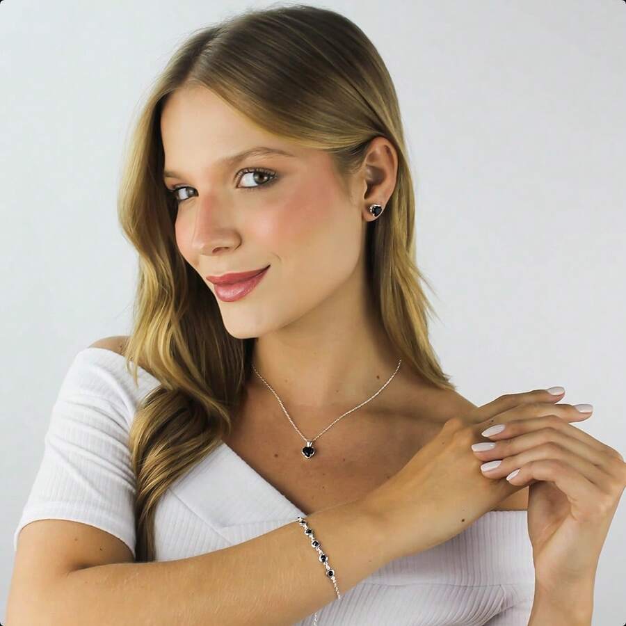 925 Silver Plated Semi-Jewelry Kit With Necklace, Earring And Heart Bracelet – Ideal Gift For Mother's Day - màu đen - Xem 1