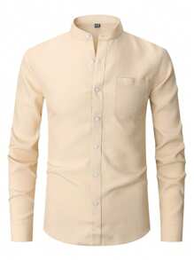 1 pièce Chemise à col montant à manches longues beige pour hommes, top polyvalent décontracté chic, coupe slim anti-froissage facile d'entretien, "Best-seller" Tenue de travail