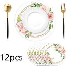 6/12/24pcs Disposable Paper Placemats, Pink Floral Pattern, 13inch Round Placemats For Wedding, Birthday Party, Anniversary, Bridal Shower, Party Supplies, Banquet