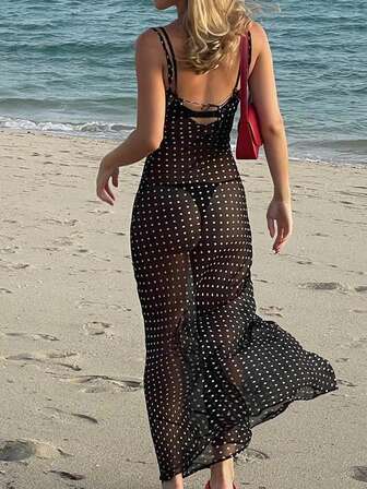 女士优雅波尔卡圆点雪纺透明性感沙滩夏装（随机印花）