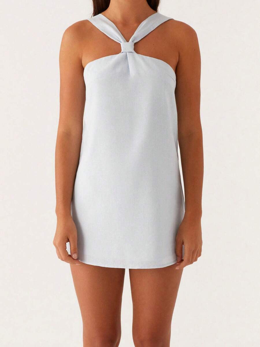 Women Twist Knot Mini Dress Halter Neck Cross Tie Back Club Party Short Dress Summer Sleeveless Casual Vacation Sundress - 藍色 - 查看 1