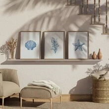 1/3 件水彩蓝色海岸墙艺术画贝壳、珊瑚、海星印刷帆布画简约夏季海报航海海洋海滩装饰适用于卧室、客厅或办公室装饰礼物，无框 - 彩色 - 查看 2