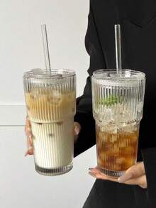 Retro Ribbed Glass Cup With Lid & Straw - Large Vertical Striped Double-Wall Tumbler, Perfect For Whiskey, Cocktails, Iced Coffee & Cold Drinks - 透明 - 查看 1