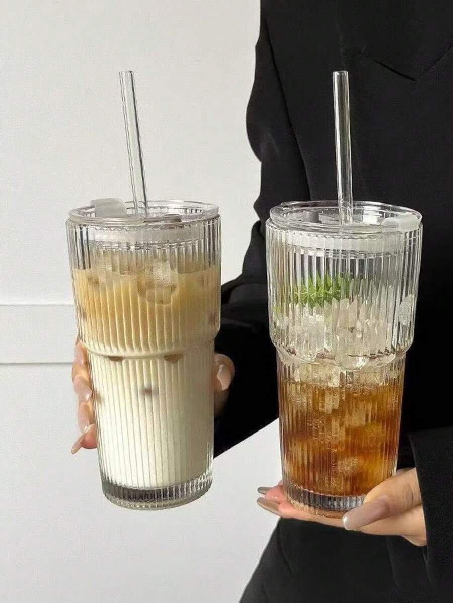 Retro Ribbed Glass Cup With Lid & Straw - Large Vertical Striped Double-Wall Tumbler, Perfect For Whiskey, Cocktails, Iced Coffee & Cold Drinks - 透明 - 查看 1