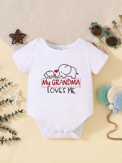 [Customized] Personalized Name & Elephant Print Baby Romper, Cute Casual Short Sleeve Jumpsuit - White Round Neck, Comfortable & Breathable