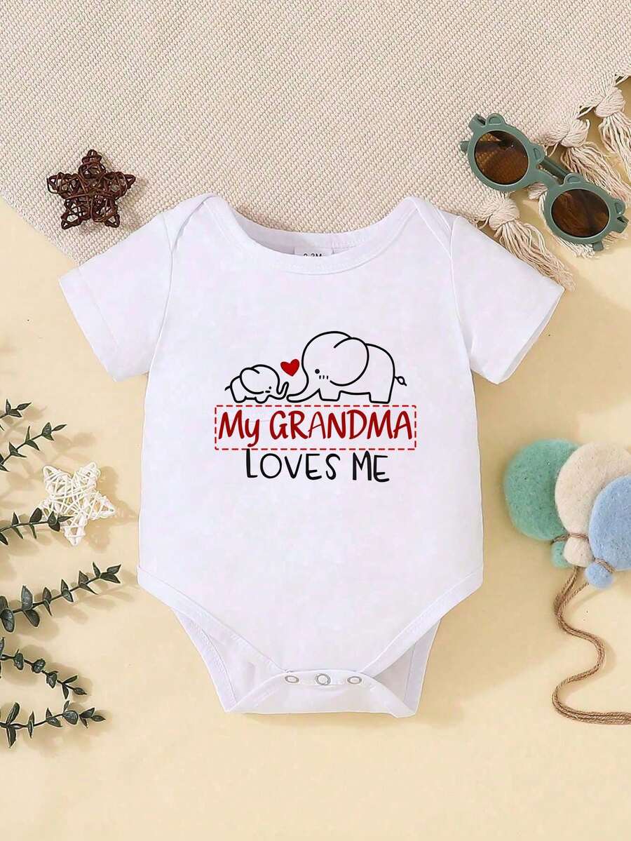 [Customized] Personalized Name & Elephant Print Baby Bodysuit, Cute Casual Short Sleeve Bodysuit - White Round Neck, Comfortable & Breathable - White - View 1