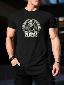 Camiseta de Cthulhu Respeta a los Mayores - Camiseta Negra Lovecraft - Camiseta Gráfica Friki - Camiseta Gráfica de Cthulhu de Moda para Hombres y Mujeres - Regalo para Fans de Fantasía - Negro - Ver 1