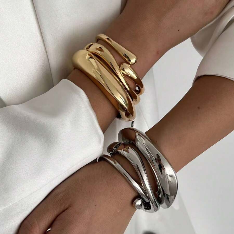 1pc Fashion Minimalist Vintage Chunky Jewelry Glossy Geometric Water Drop Expandable Spring Bangle Bracelet, Suitable For Women's Evening Party, Daily Wear, Perfect Holiday Gift