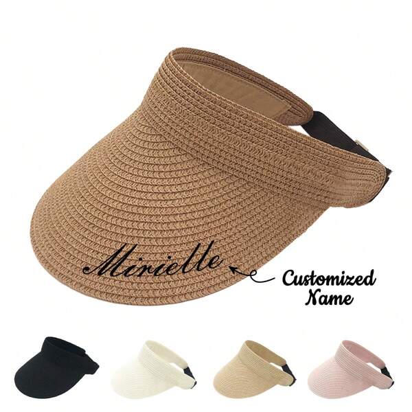 1PC Personalized Sun Hat, Custom Name Beach Hat, Embroidered Straw Hat With Bow Buckle, Beach Sun Hat/Visor/Wide Brimmed Bonnet, Friend Gift, Birthday Gift