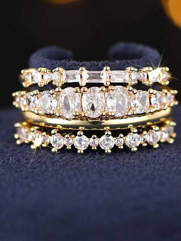 4pcs/Set Fashionable European Luxury Geometric Shiny Ladies Rings, Suitable For Engagement, Wedding