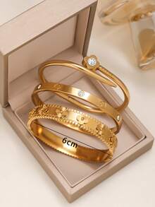 4-Leaf Clover Zirconia Stainless Steel Bracelet & Bangle Set For Women, Fashionable Luxury Accessory For Daily, Party, Couple Date, Gift (No Gift Box Included) - Yellow Gold - View 7