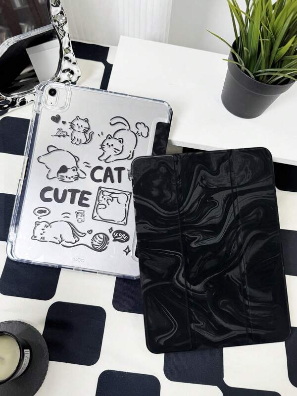 1 Piece Black Minimalist Line Drawing Cat Clear Acrylic Velvet Back Cover Folio Case With Pen Slot, Foldable Stand, Magnetic Sleep/Wake, Suitable Compatible With IPad