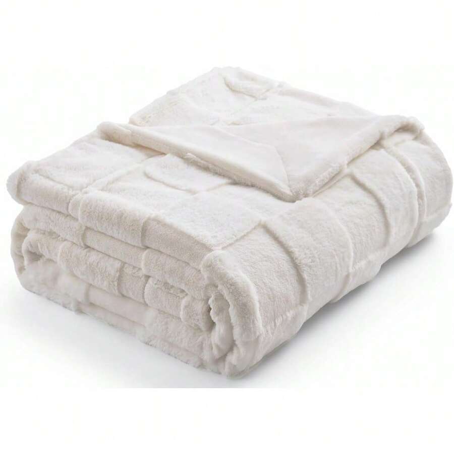 Checkered White Faux Rabbit Fur Throw Blanket, Soft Fuzzy Fluffy Minky Cream Furry Blankets For Couch, Bed (50 * 60 Inches Ivory) - Ivory - 查看 1