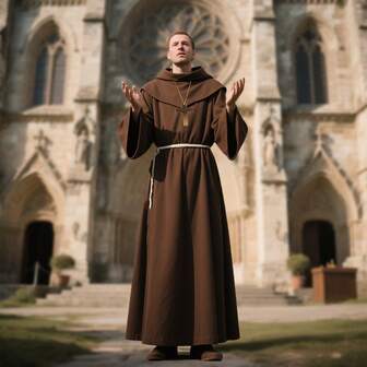 4件套：棕色连帽斗篷、金色十字架项链、腰绳、加大码长袍。咖啡色巫师/牧师/传教士长袍。中世纪僧侣服装，适合角色扮演、派对、戏剧、历史人物角色扮演、万圣节等场合。