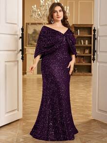 Đầm dạ hội trang trọng đính sequin lấp lánh viền đuôi cá Fuaheng cỡ lớn cho nữ, Quần áo mùa thu cho nữ - Màu tím - Xem 1
