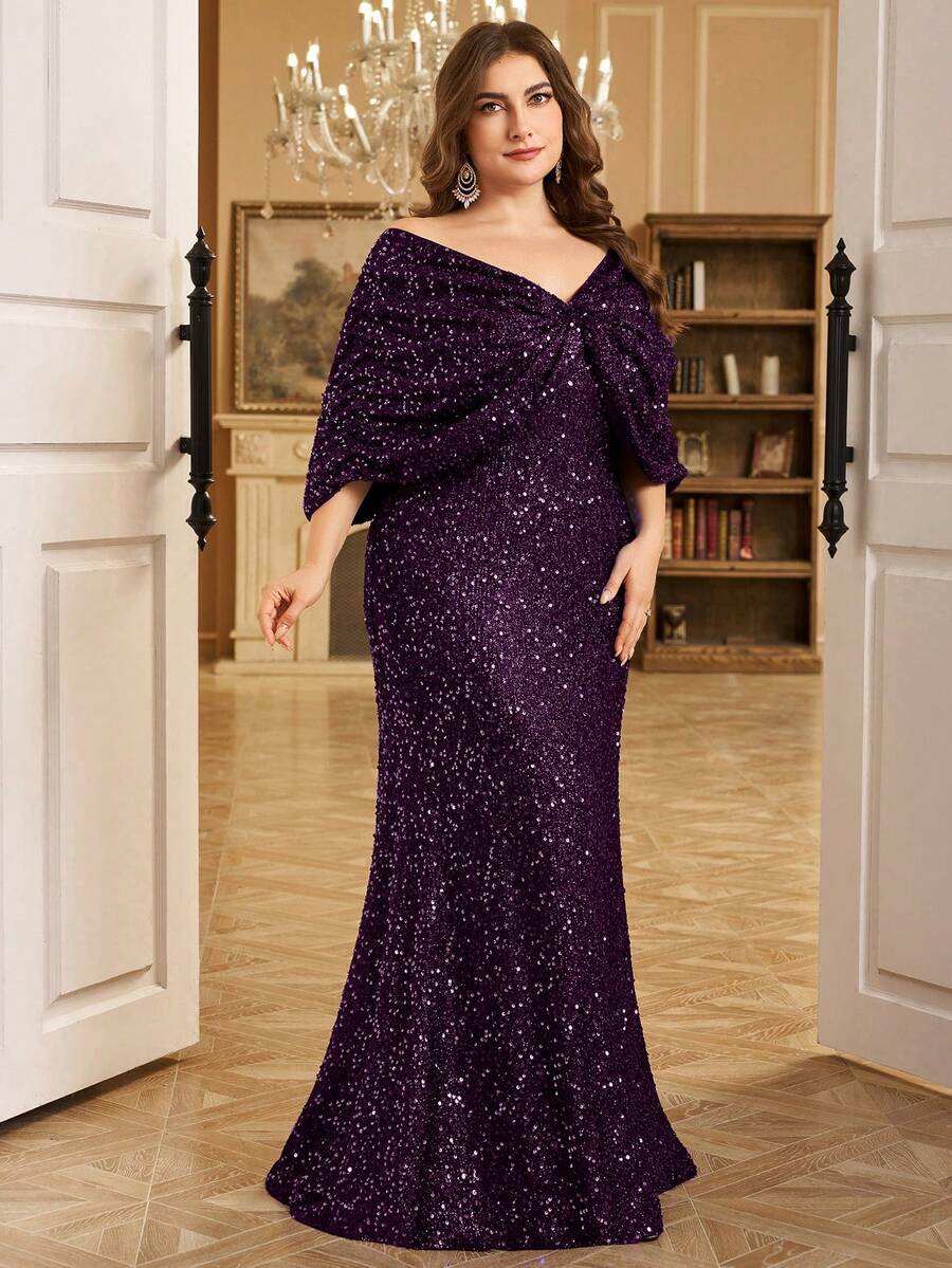 Đầm dạ hội trang trọng đính sequin lấp lánh viền đuôi cá Fuaheng cỡ lớn cho nữ, Quần áo mùa thu cho nữ - Màu tím - Xem 1